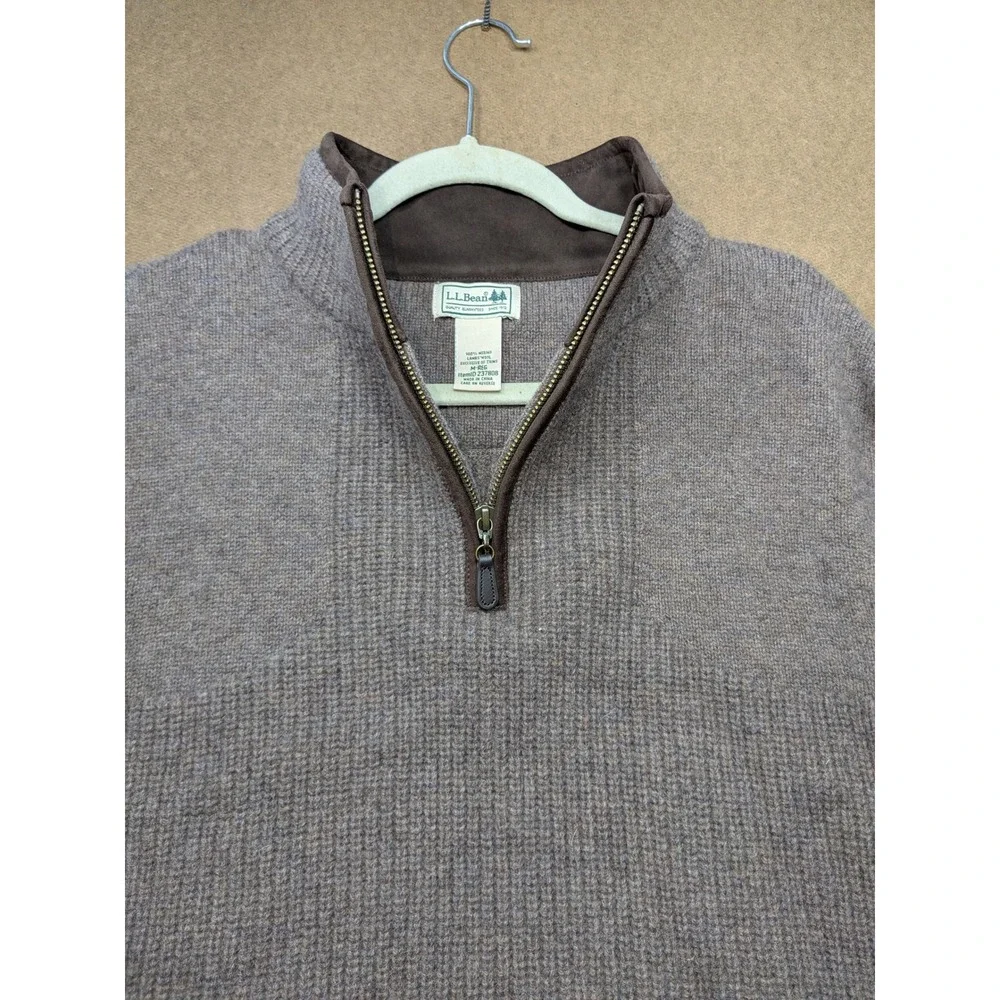 LL Bean Mens Merino Lambswool Quarter Zip Sweater Brown Textured Knit M 237808